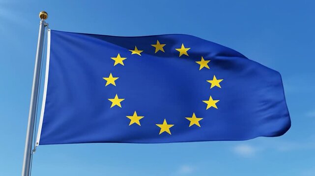A blue flag with yellow stars waves against a clear sky