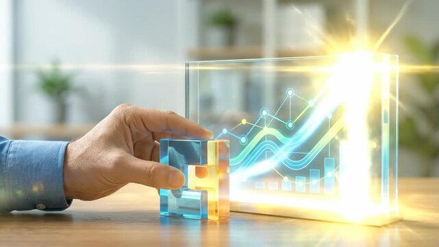 Man's hand placing a strategy block on a workflow chart for business solution. Corporate planning and development concept.