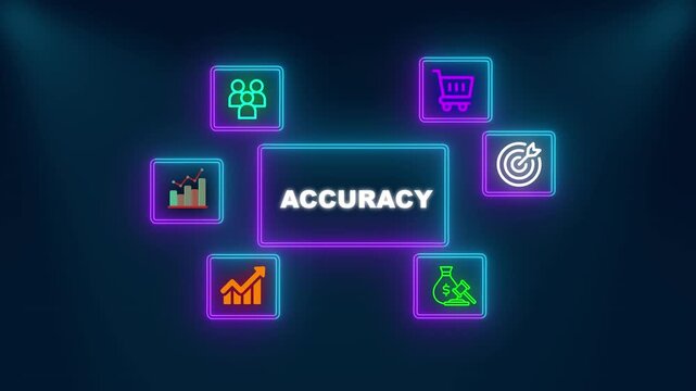 Business trade infographic accuracy text surrounded by neon icons for teamwork global commerce strategy analytics growth finance and success