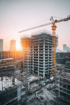 Real estate business market, house home building purchase sale. A construction site at sunset, with a large building under construction surrounded by numerous cranes and scaffolding.