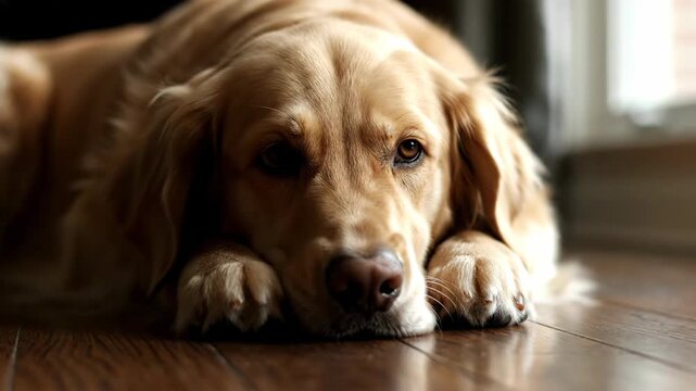 Sad Golden Retriever Lying on Floor.