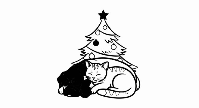 A stylized black and white drawing of a cat and dog sleeping under a Christmas tree