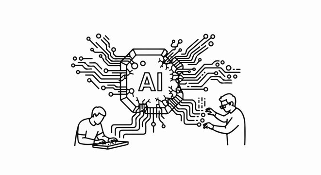 Two people interact with a large AI chip and circuit board