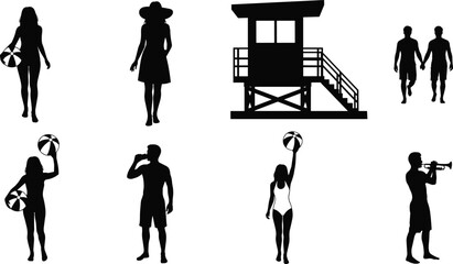 Beach lifestyle silhouettes collection featuring lifeguard tower, people walking, volleyball player, trumpet musician and summer vacation activities vector set © Sujoy