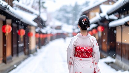 冬 雪景色 町並み 着物 女性 後ろ姿