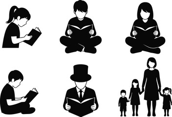 People reading books silhouettes collection featuring children, students and family reading together isolated black vector illustration set
