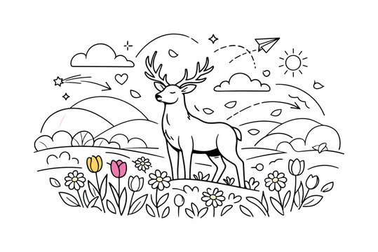 Graceful deer standing in blooming meadow, whimsical nature landscape with flowers, sun and clouds line art illustration.