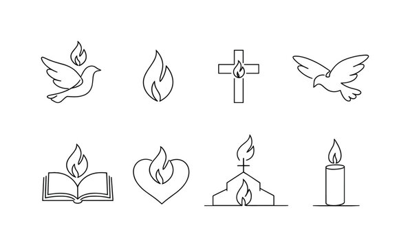 "Holy Spirit Flame". Minimalistic set one-line drawing dove with flame above, single flame icon, cross with