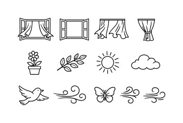 Minimal outline icon set with windows, curtains and decorative home elements.