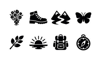 Outdoor adventure silhouette icon collection featuring boots, mountains and travel themed symbols © Степан Озарчук