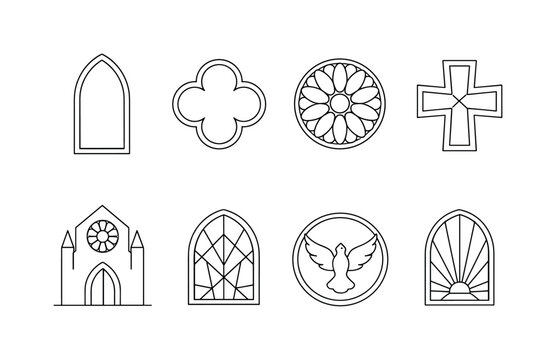 "Gothic Church Window Set". Minimalistic set one-line drawing pointed arch window, quatrefoil window shape,
