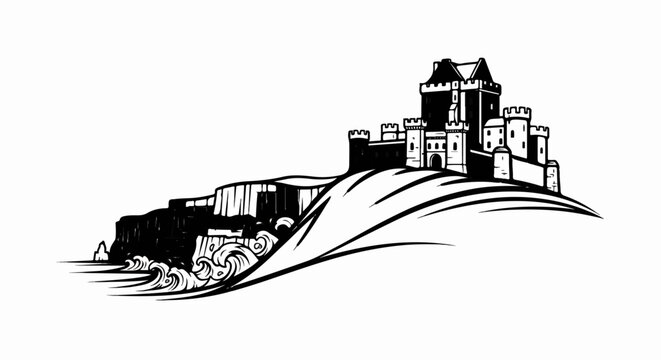 Stylized black and white castle on a cliff overlooking wavy ocean waters