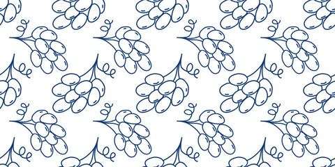Hand drawn bunches of blue grapes seamless pattern. White background with blue berry silhouettes, doodle sketch style. Healthy organic food print. Continuous fill for packaging, paper, textile, and de © Iry