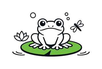 Obraz premium Minimal pond mascot design. Stylized geometric frog centered on a simple lily pad, clean symmetry and rounded