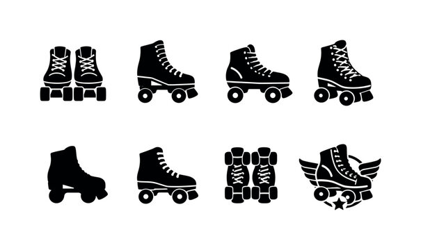 Roller skate silhouette icon collection featuring retro quad skates and sport elements