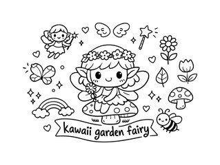 Kawaii Garden Fairy Doodle. kawaii garden fairy. Hand-drawn doodle illustration of kawaii garden fairy. In the