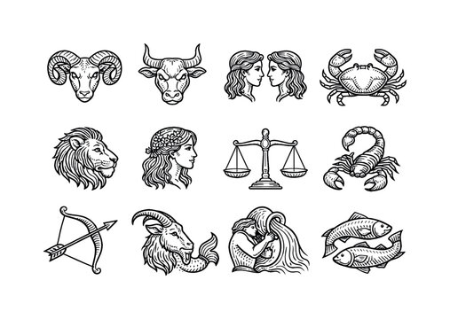 zodiac symbols engraving. Line outline icon set of zodiac symbols engraving: aries ram symbol, taurus bull