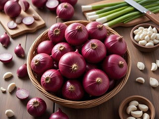 Fresh red onions in a wicker basket on a wooden table with garlic and green onions