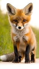 Fototapeta premium Charming Red Fox Cub Posing Gracefully Among Lush Greenery, Captivating Wildlife Portraiture