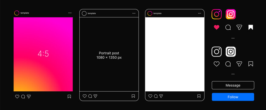 Social media instagram template, set professional presentation. Creative social media instagram mock up, mobile interface layout. Minimalist social media instagram profile. Vector Illustration
