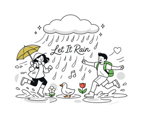 Naklejka premium Spring shower moment. A soft rounded rain cloud floating above, gentle raindrops falling in smooth curved