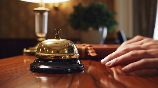A person's hand presses a service bell on a wooden desk
