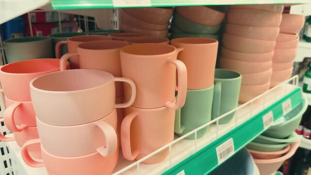 Plastic drinkware and serving bowls in pink, peach, and mint green colors are neatly arranged on a store shelf, highlighting kitchenware products for sale in a retail environment