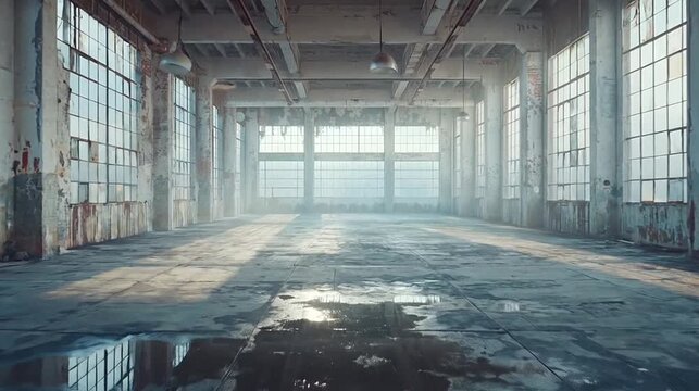 Vast, empty abandoned industrial hall with sunlight beaming through large gridded windows