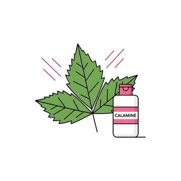 Calamine Lotion Bottle with Leaf Illustration.