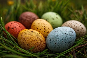 Obraz premium Colorful eggs are arranged in green grass on a sunny day during an outdoor spring celebration event