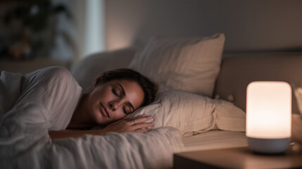 Obraz premium peaceful young woman sleeping in cozy bed with soft lighting, ultra-realistic premium sleep concept for wellness, calm adult resting comfortably at night