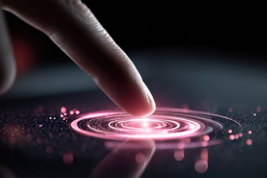 Finger touching pink glowing circle on dark surface 1