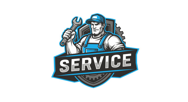 Mechanic holding wrench with service emblem.