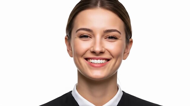 Smiling woman with brunette hair pulled back in business jacket on white background