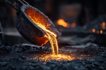 Molten metal pours from a crucible into a mold in a foundry during early morning