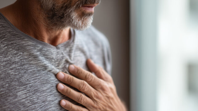 middle-aged man with chest pain holding his heart, close up of senior man suffering from heart disease or heartburn, emotional health concept for cardiology and heart attack