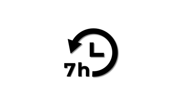 Abstract 7 hours clock with circle arrow animated. Clock timer, time passage waiting time animation icon. Stopwatch animated icon clock with moving arrows simple animation with white background.