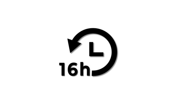 Abstract 16 hours clock with circle arrow animated. Clock timer, time passage waiting time animation icon. Stopwatch animated icon clock with moving arrows simple animation with white background.