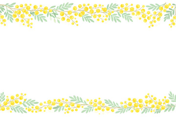 Obraz premium ミモザの花と葉の対角コーナーフレーム春ボタニカルイラスト