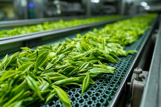 Workers process fresh tea leaves in a factory during the morning hours of a busy production day