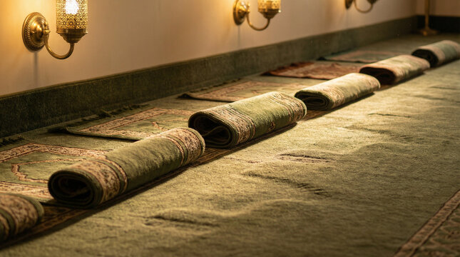 Masjid Carpets Rolled After Prayer, Islamic Culture, Warm Light