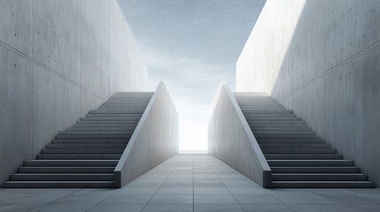 conceptual scene of two concrete staircases leading upward, minimalist architectural stairs under bright open sky, symmetrical stone steps representing growth and success