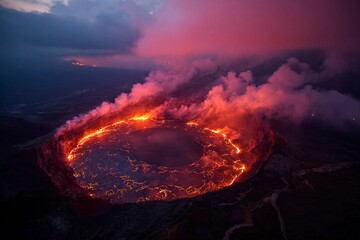 Lava flows in a large caldera at sunset in an active volcano landscape