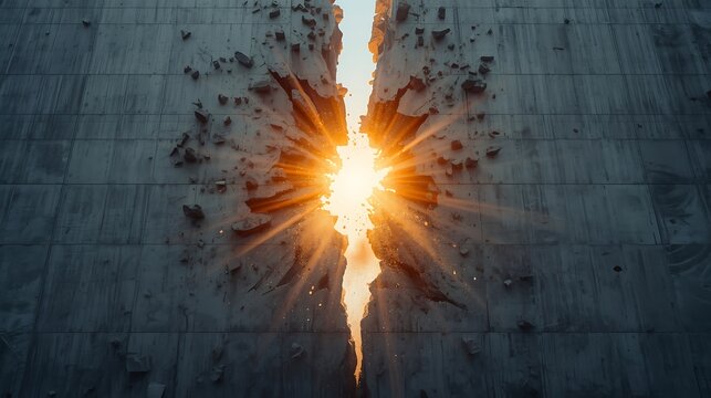 Dramatic Breakthrough Scene of Concrete Barrier Split by Bright Glow