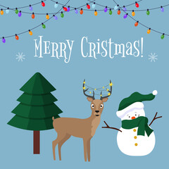 Merry Christmas greeting card with a snowman, deer, and christmas tree characters in a joyful winter holiday scene for celebration.