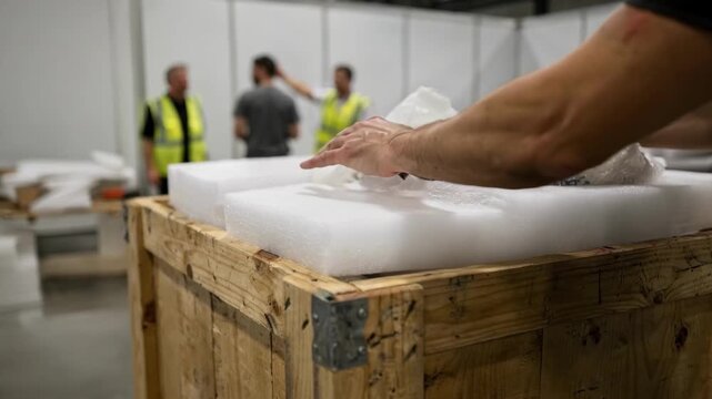 Close medium shot of hands securing protective packing foam inside a crate blurred exhibition workers and temporary walls visible behind.