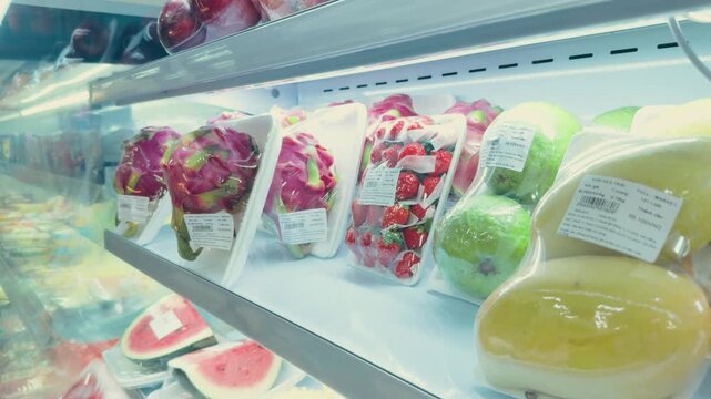 Fresh tropical fruits like mangoes. Dragon fruits. Strawberries. And watermelon slices displayed in clear plastic packaging and white foam trays on a refrigerated supermarket shelf. Ready for purchase