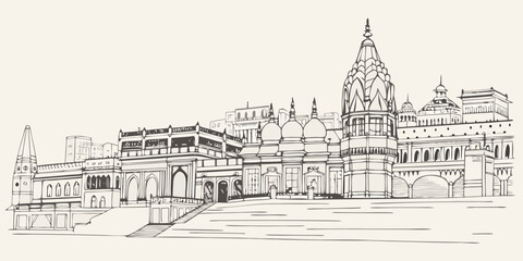 Detailed sketch of a historic indian palace with intricate architectural details © Bivuti
