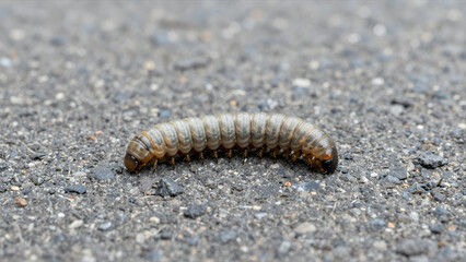 Close-up of a Segmented Caterpillar Larva Crawling on Rough Asphalt Pavement Surface with Detailed Texture and Natural Outdoor Lighting