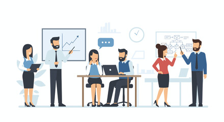 Business team collaborating in office meeting with charts and laptops